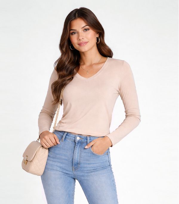 Blusa Manga Longa Decote V Básica Select Marrom M