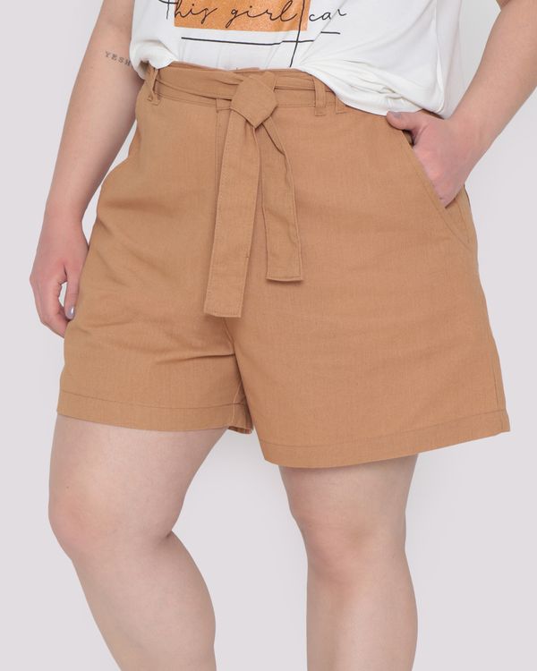 Short Linho Feminino Plus Size Clochard Bege Médio 50