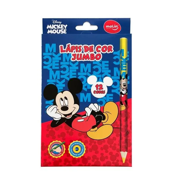 Lápis de Cor Jumbo Molin do Brasil Mickey Mouse Estampa 2 com Ponta Grossa para Desenho Infantil Caixa com 12 Cores Lápis de Cor Jumbo Molin do Brasil Mickey Mouse Estampa 2 com 12 Unidades para Uso Escolar