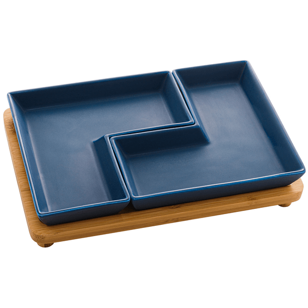 Conjunto Petisqueira Bon Gourmet, 2 Peças, Bandeja Bambu, Porcelana, Azul - 28473