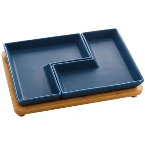 Conjunto Petisqueira Bon Gourmet, 2 Peças, Bandeja Bambu, Porcelana, Azul - 28473