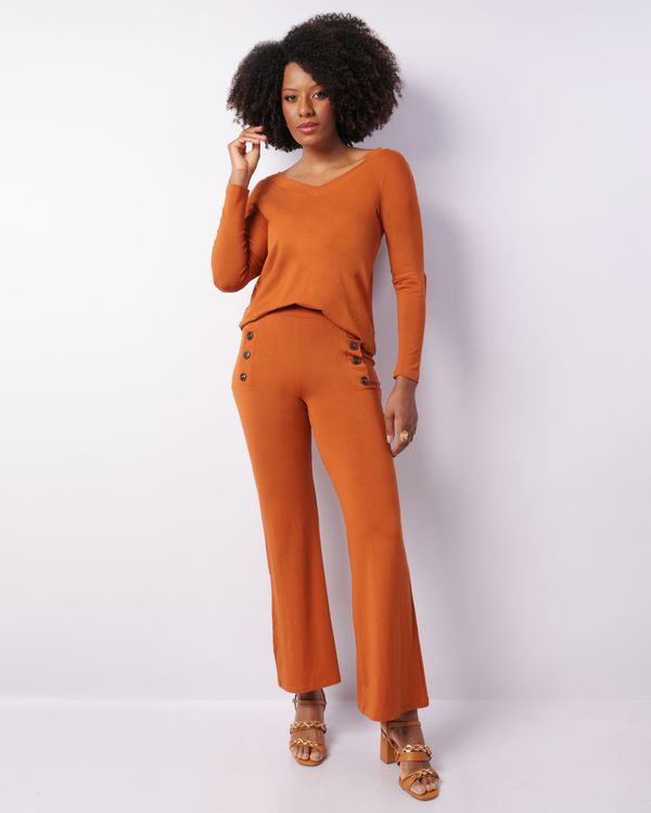 Calça Feminina Pantalona Viscose Botões Decorativo Terracota GG