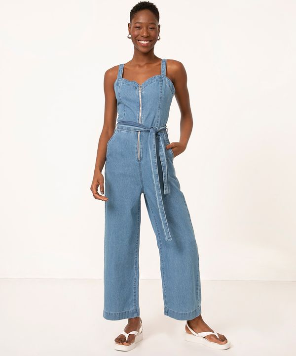 macacão jeans alça fina longo com cinto azul médio GG