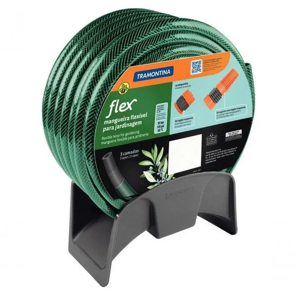Mangueira Flex Tramontina Em Pvc Verde 3 Camadas 15m Com Engate Rosqueado, Esguicho E Suporte