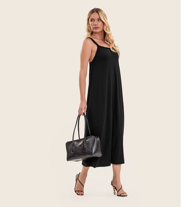Vestido Midi de Alça em Visco Maquinetada Endless Preto GG