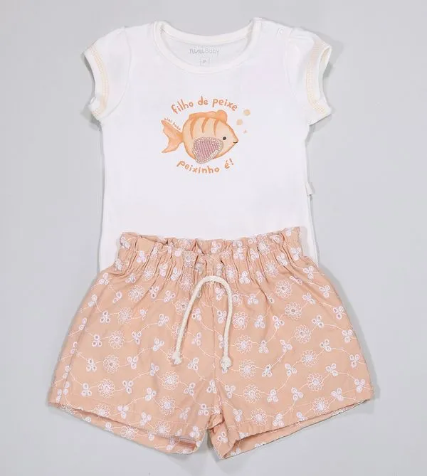 Conjunto Body/Shorts Peixinhos De 3 a 12 meses Cru - G