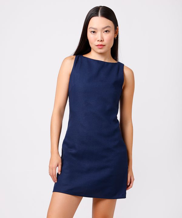 vestido curto feminino com linho mindset azul PP