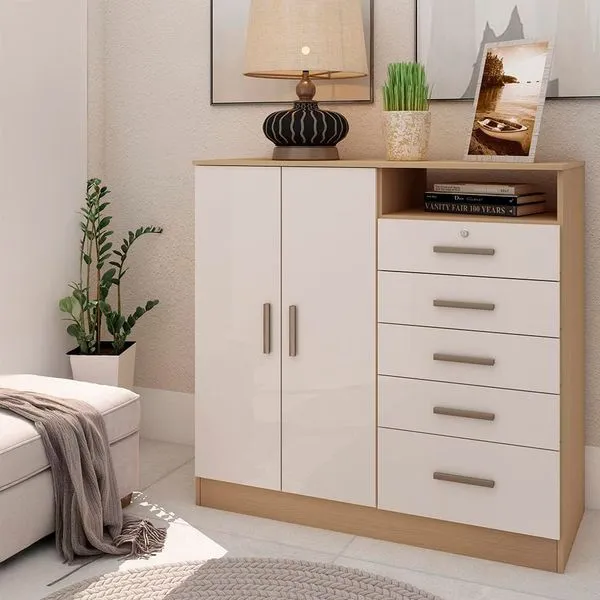 Cômoda Genialflex Guatemala com 2 Portas, 5 Gavetas, 2 Prateleiras, 1 Nicho e 112cm de largura - Freijó/White Laca