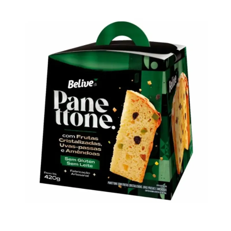 Panettone Zero Glúten, Zero Leite Futas, Uva-Passas e Amêndias Belive 420g