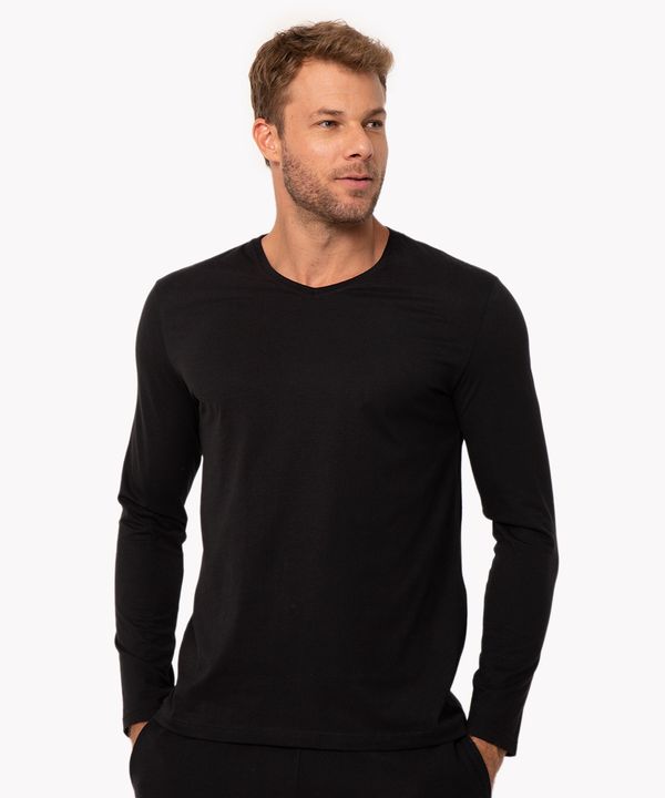 camiseta de algodão básica decote v manga longa preto M
