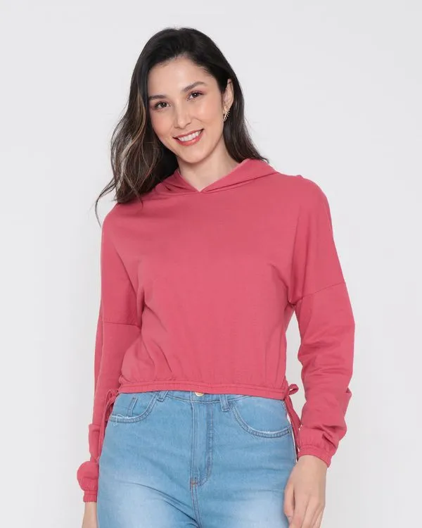 Blusa Cropped Moletinho Com Capuz E Laço Lateral Rosa GG