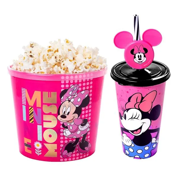 Kit 2 em 1 Pote Balde de Pipoca e Copo Estampado Orelhas e Canudo Minnie Rosa