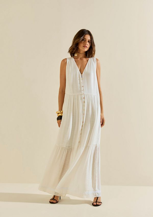 Vestido Morena Rosa Solto Decote V Sem Manga Longo Off White M