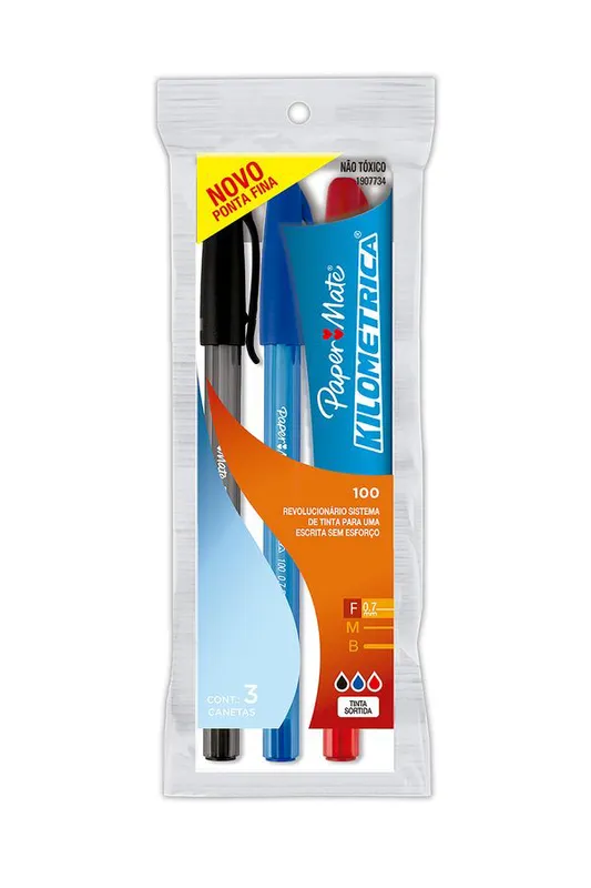 Caneta Esferográfica Papermate Km 100 Retrátil 0.7mm 3 Cores - Item Sortido