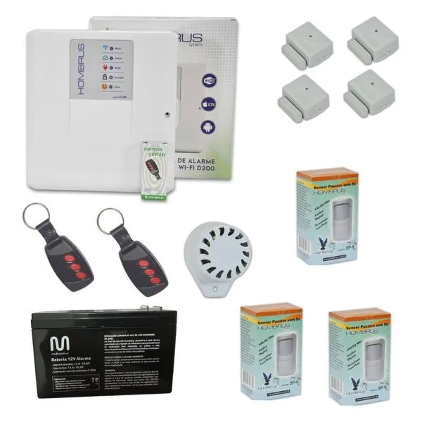 Kit Alarme Central Wi-Fi D200 7 Sensores sem Fio com Bateria 12V Bivolt Hombrus Kit Alarme Central Wi-Fi D200 7 Sensores sem Fio Bivolt Hombrus