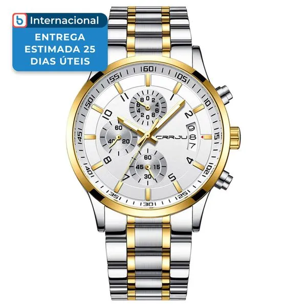Relógio Masculino Cronógrafo CRRJU Prata Dourado e Branco CJ2214SLGSW A-MBI