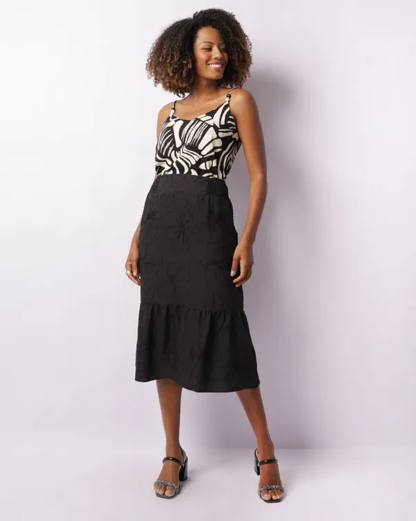 Saia Feminina Midi Berry & Co. Viscose Bordada Preta P