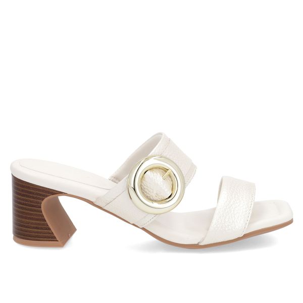 Tamanco Salto Amadeirado Couro Off-White Maxi Enfeite 37
