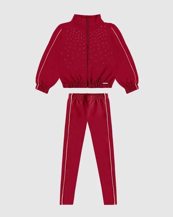 Conjunto Menina Jaqueta Com Strass Em Moletom Stretch Flanelado - Carinhoso Vermelho - 8
