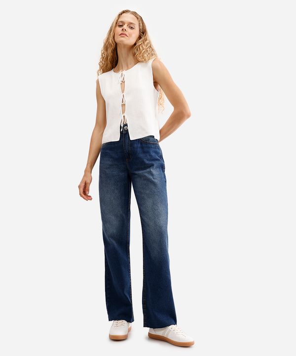 calça wide leg feminina jeans com barra a fio azul 44
