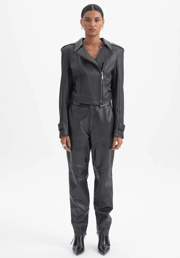 Calça De Couro Com Zíperes Preto G