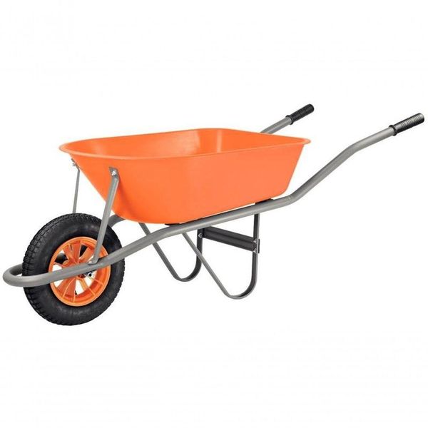 Carrinho De Mão Caçamba Funda Plástica Laranja 55 L, Braço Metálico E Pneu Com Câmara
