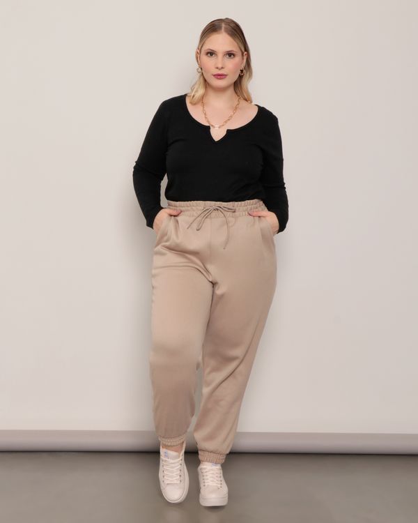 Calça Moletom Feminino Plus Size Jogger Bege G2