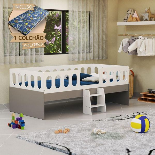 Cama Juvenil Lara Solteiro com Escadinha Madeira Maciça Branco e Cinza Baby Mobilia