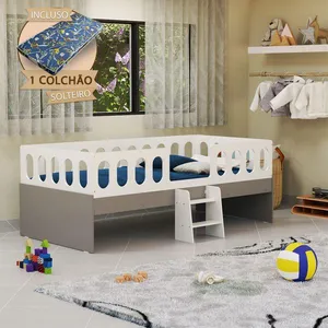 Cama Juvenil Lara Solteiro com Escadinha Madeira Maciça Branco e Cinza Baby Mobilia