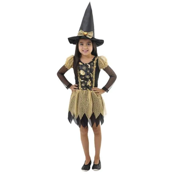 Fantasia Halloween Infantil Bruxinha Dourada Vestido Tamanho P