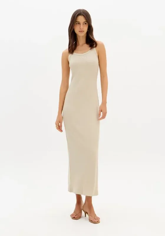 Vestido Super Midi Malha Canelada Bege GG