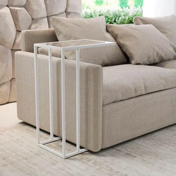 Mesa De Apoio Industrial Elena Industrial Branco Com Tampo De Vidro
