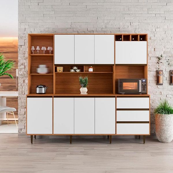 Armário de Cozinha Versatti 8 Portas 3 Gavetas Off White e Freijó