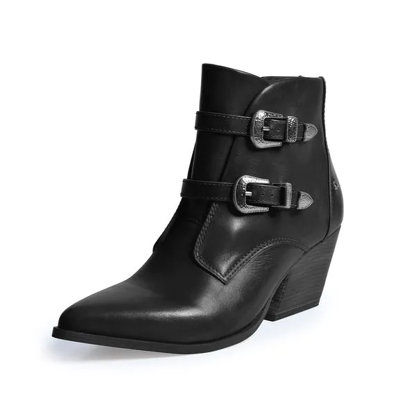 Bota Cano Curto de Couro com Fivelas Preta 34