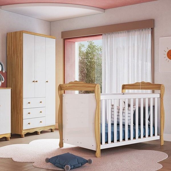 Quarto de Bebê com Berço Minicama e Guarda-roupa 3 Portas 100% MDF Nina Espresso Móveis Branco Brilho/Amêndoa
