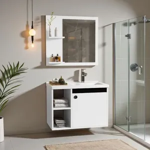 Gabinete com Cuba e Espelho para Banheiro Madeira 60cm Branco Preto de Casa Gabinete com Cuba e Espelho Banheiro Madeira 60cm Branco Preto de Casa