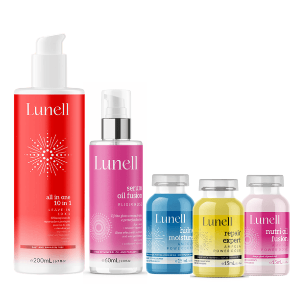Kit Cronograma Capilar Lunell + Leave - in 10x1 + Sérum (5 Produtos)