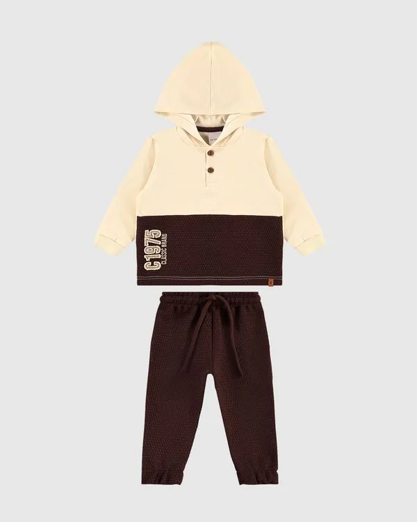 Conjunto Menino Blusão Com Capuz Em Moletom E Jacquard - Carinhoso Off White - 2