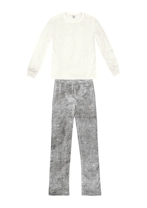 Pijama Longo Feminino Em Fleece - Off White P