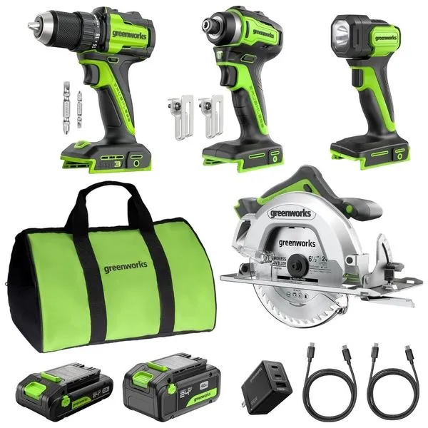 Kit Ferramentas Greenworks Furadeira, Parafusadeira, Lanterna e Serra Circular Verde A-BI