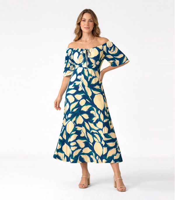 Vestido Midi Feminino Com Detalhe Amarração Donna Azul P