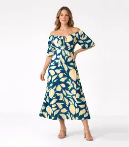 Vestido Midi Feminino Com Detalhe Amarração Donna Azul P