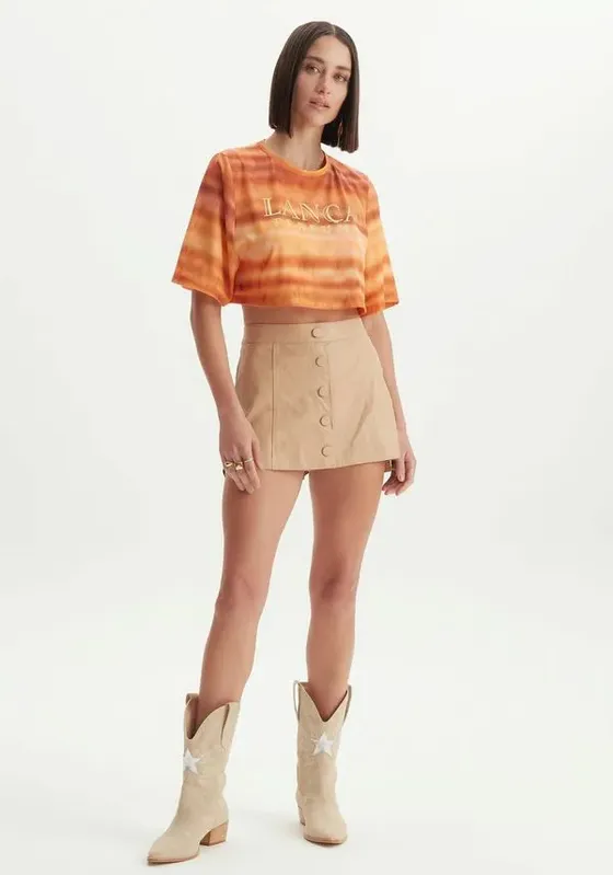 Short Saia De Couro Cintura Alta Bege PP