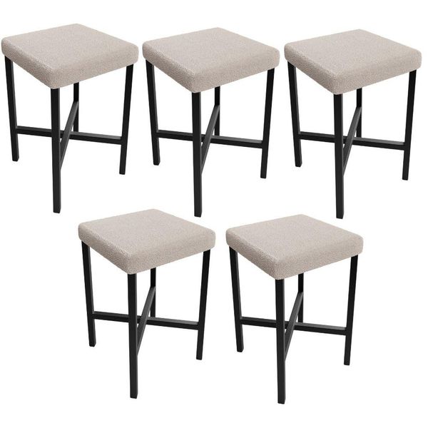 Kit 05 Banquetas Baixa Bar Cozinha Sala De Jantar Preto Stella L02 Bouclê Creme - Lyam Decor