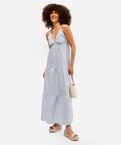 vestido longo feminino de viscose com recortes listrado azul GG