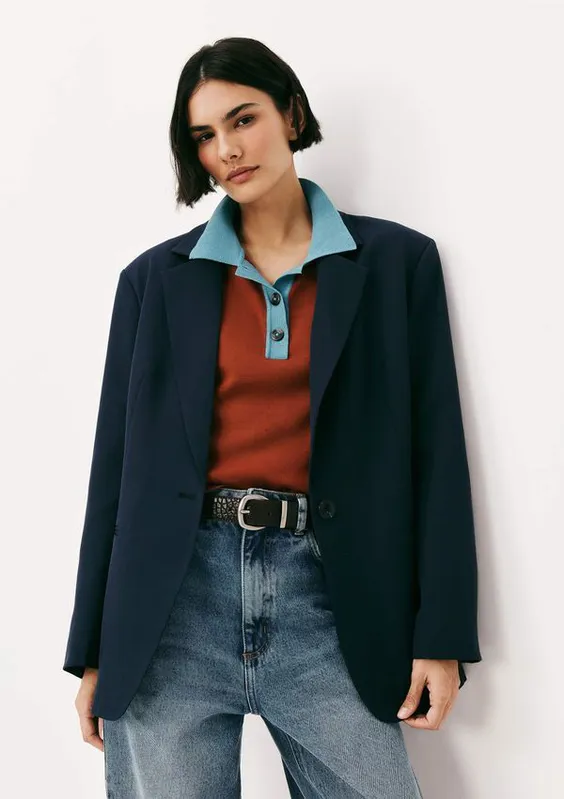 Blazer Feminino Regular Em Crepe - Azul XG