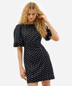 vestido curto feminino de viscose manga bufante poá preto PP