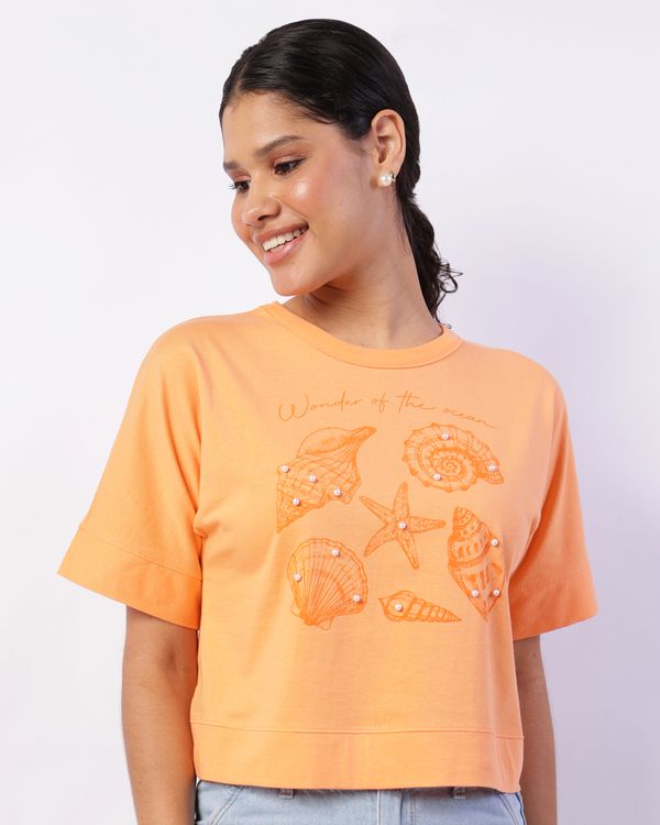 Camiseta Feminina Cropped Aplicação Frontal Laranja M