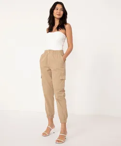 calça jogger cargo de sarja cintura alta kaki 44