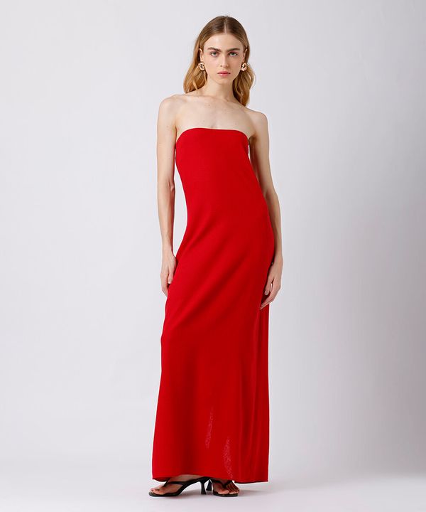 vestido longo sem alça feminino com linho e fenda mindset vermelho M